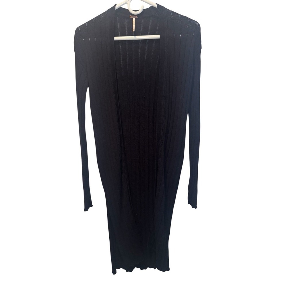 Free People Womens Black Ribbed Knit Open Front Longline Duster Cardigan XS